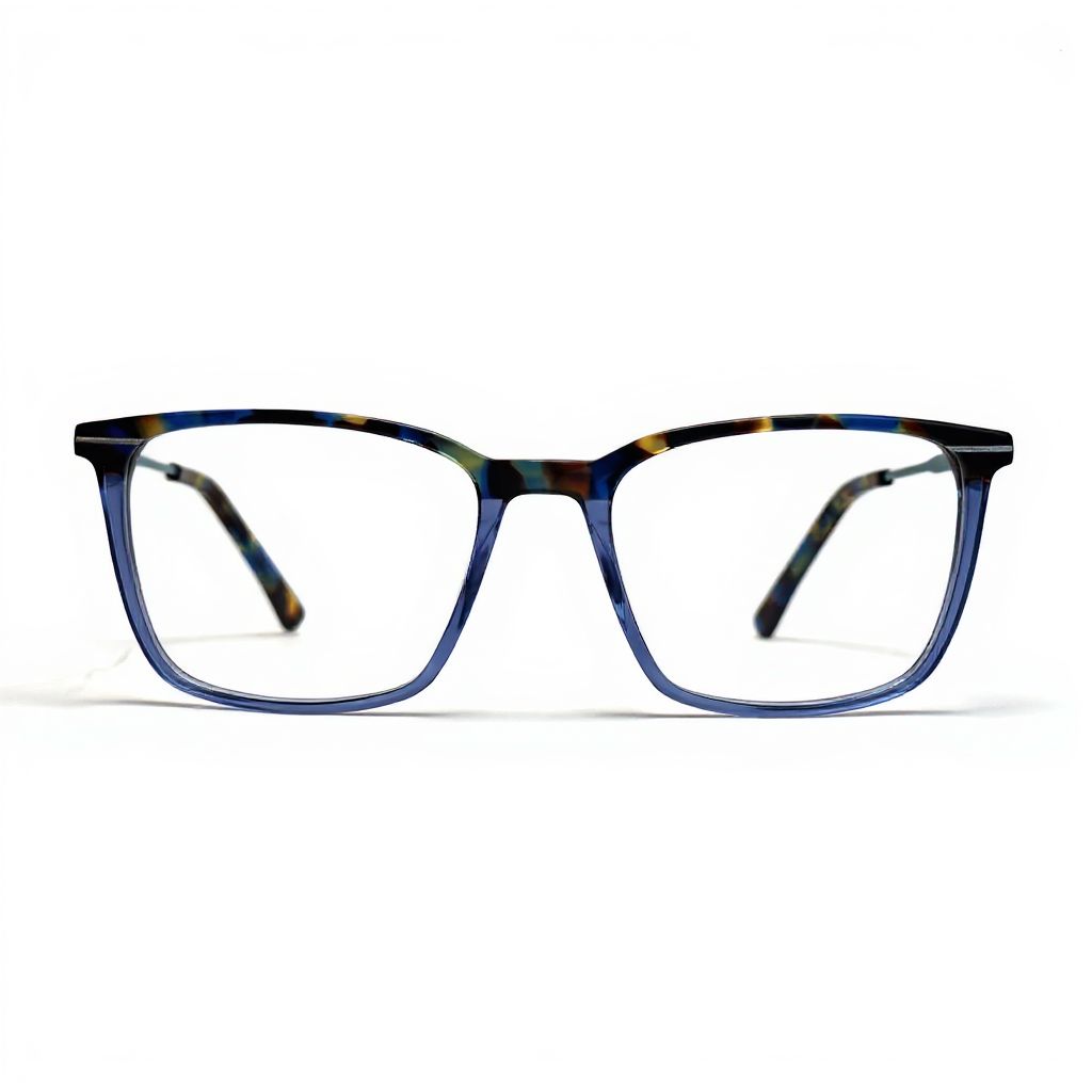 Blue eyeglasses with tortoiseshell accents on a white background