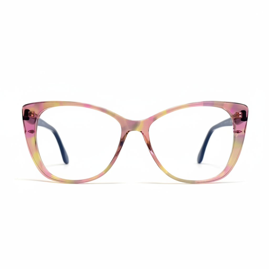 Multicolored cat-eye glasses on a white background