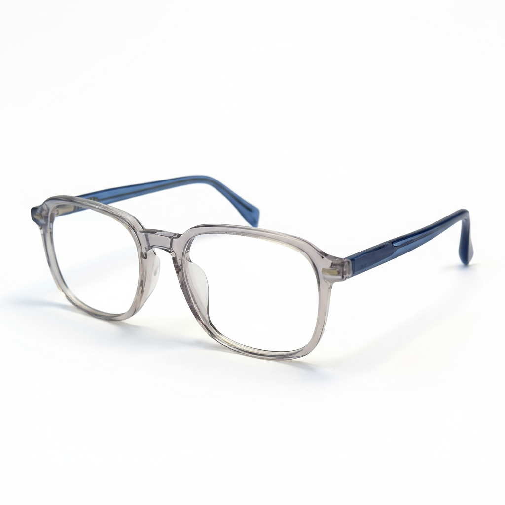 Eyeglasses with a clear frame and blue arms on a white background
