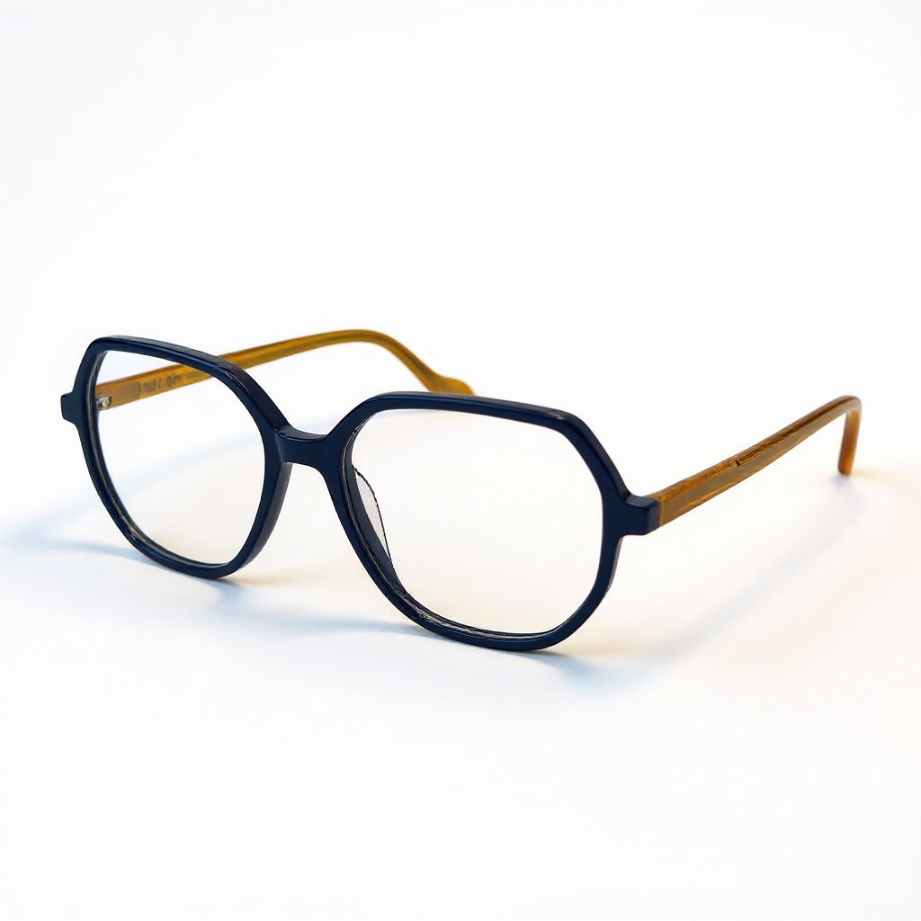 Blue eyeglasses with gold accents on a white background