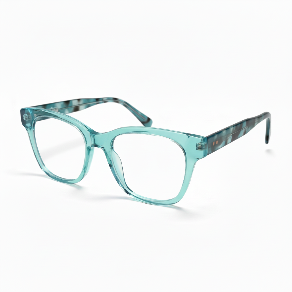 Turquoise eyeglasses with patterned arm on a white background
