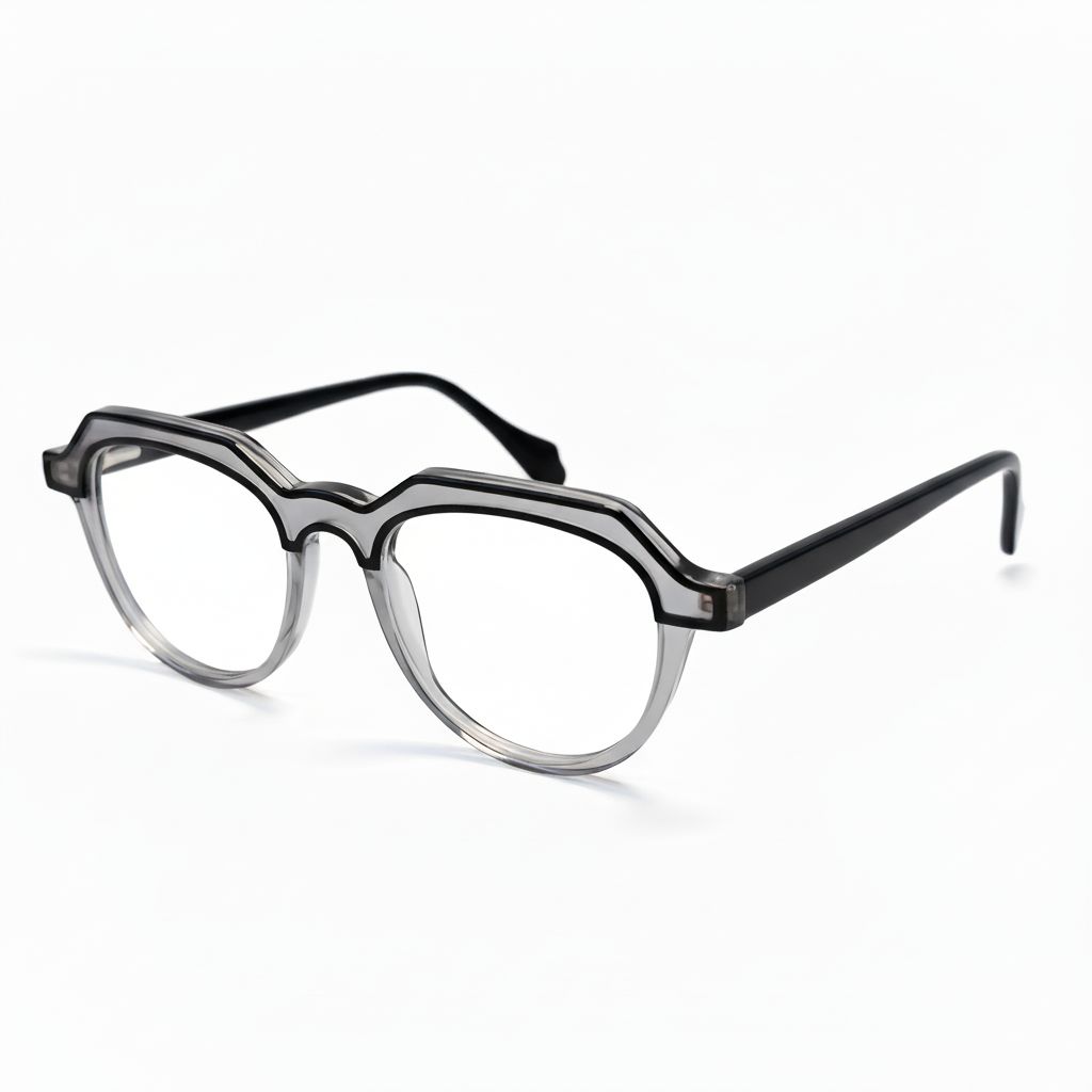 Eyeglasses with a black and clear frame on a white background