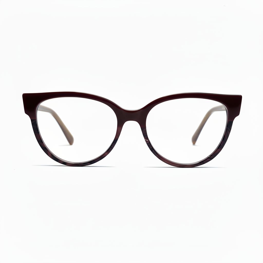 Cat-eye glasses with a dark brown frame on a white background