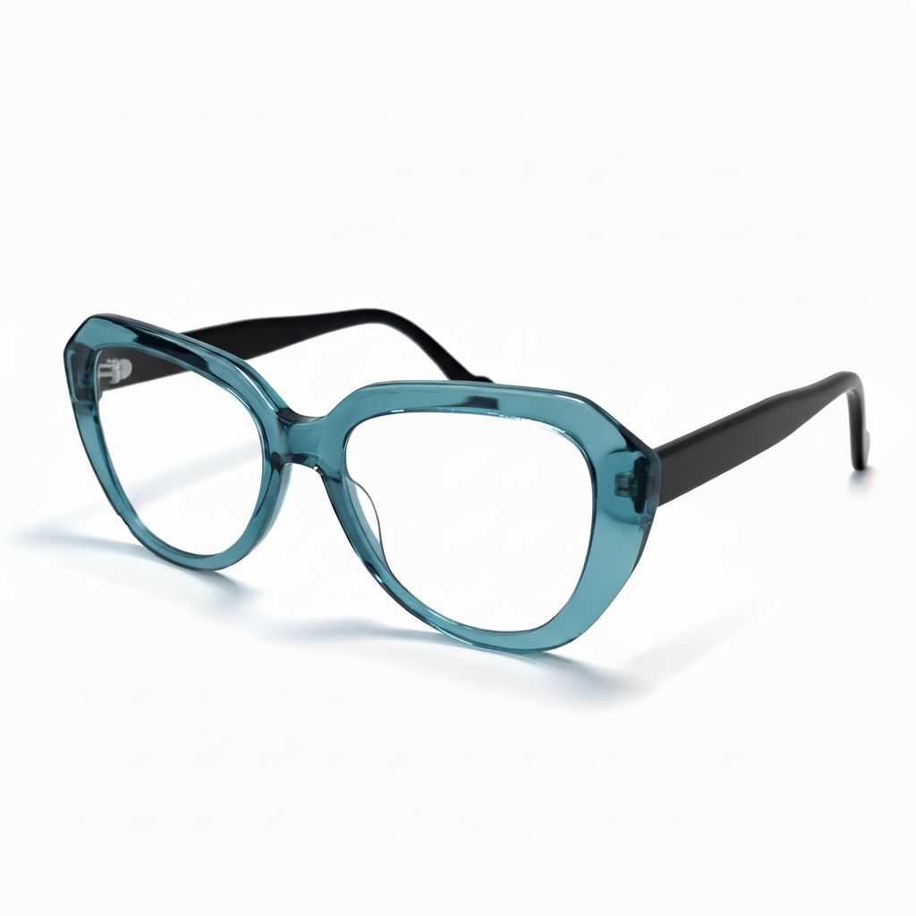 Teal eyeglasses with black arms on a white background
