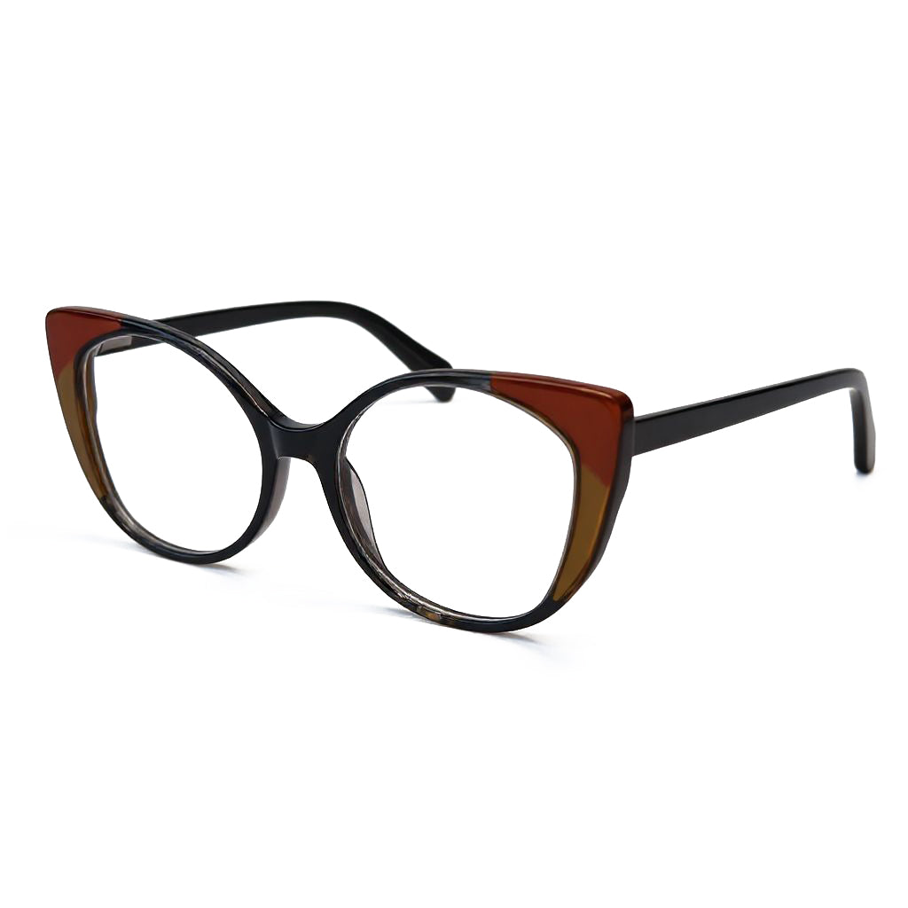 Cat-eye glasses with a black and brown frame on a white background