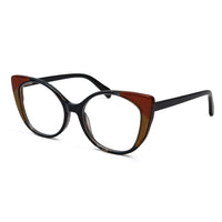 Cat-eye glasses with a black and brown frame on a white background