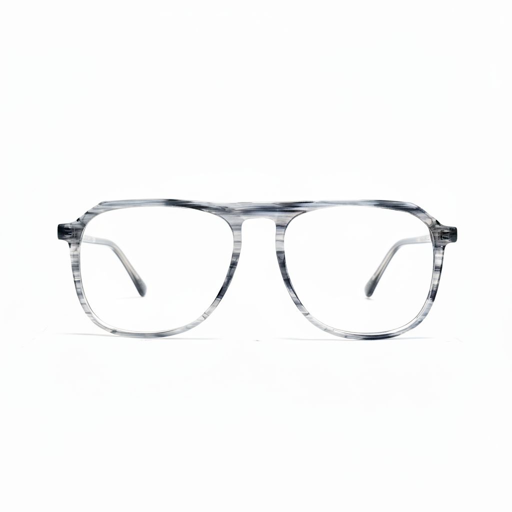 Eyeglasses with a gray and black striped frame on a white background