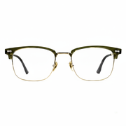 Eyeglasses with a green and gold frame on a white background
