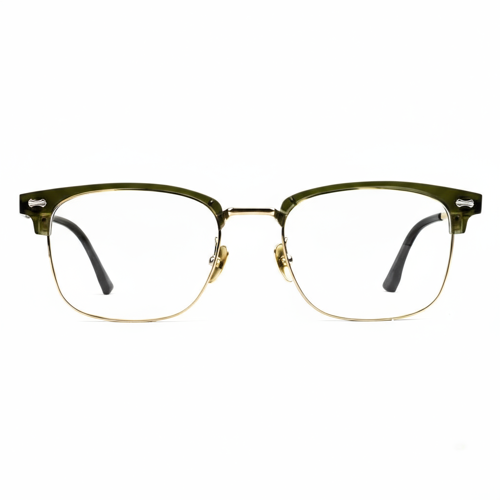 Eyeglasses with a green and gold frame on a white background