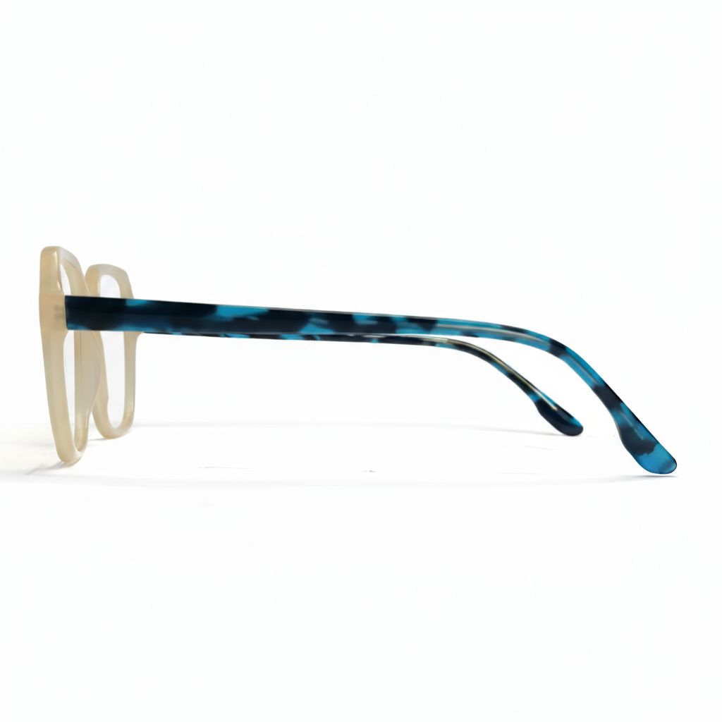 Blue and beige eyeglasses on a white background