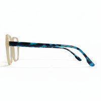 Blue and beige eyeglasses on a white background