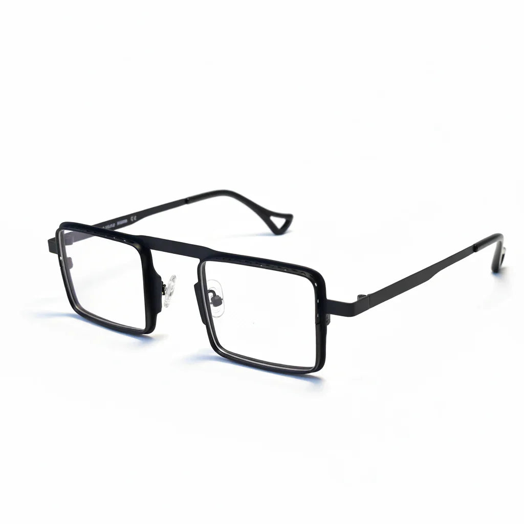 Black rectangular eyeglasses on a white background
