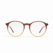 Round eyeglasses with a brown frame on a white background