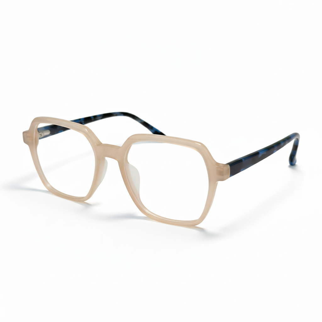Beige eyeglasses with blue accents on a white background