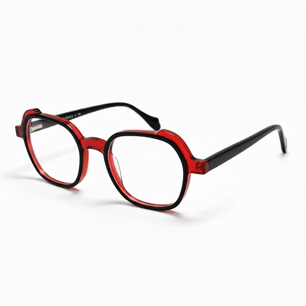 Red and black eyeglasses on a white background