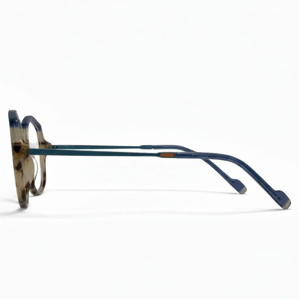 Eyeglasses with a blue frame on a white background