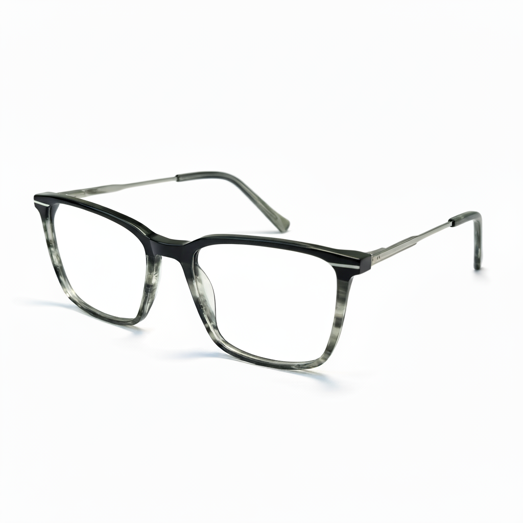 Black and gray tortoiseshell eyeglasses on a white background