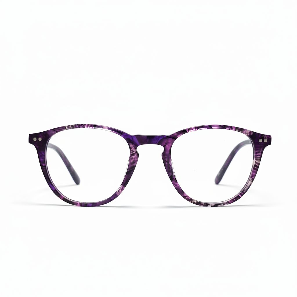 Purple eyeglasses with a tortoiseshell pattern on a white background
