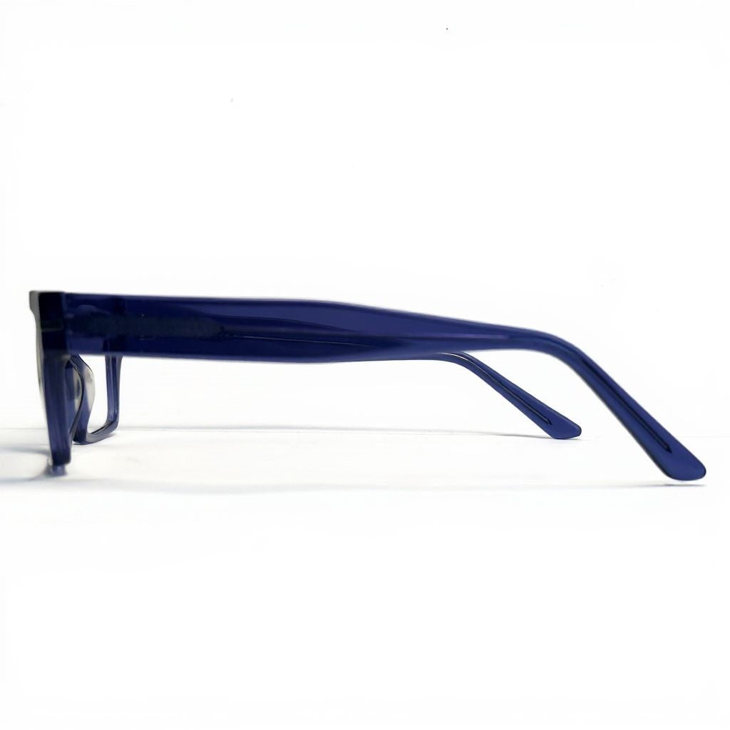 Blue sunglasses with a reflective surface on a white background