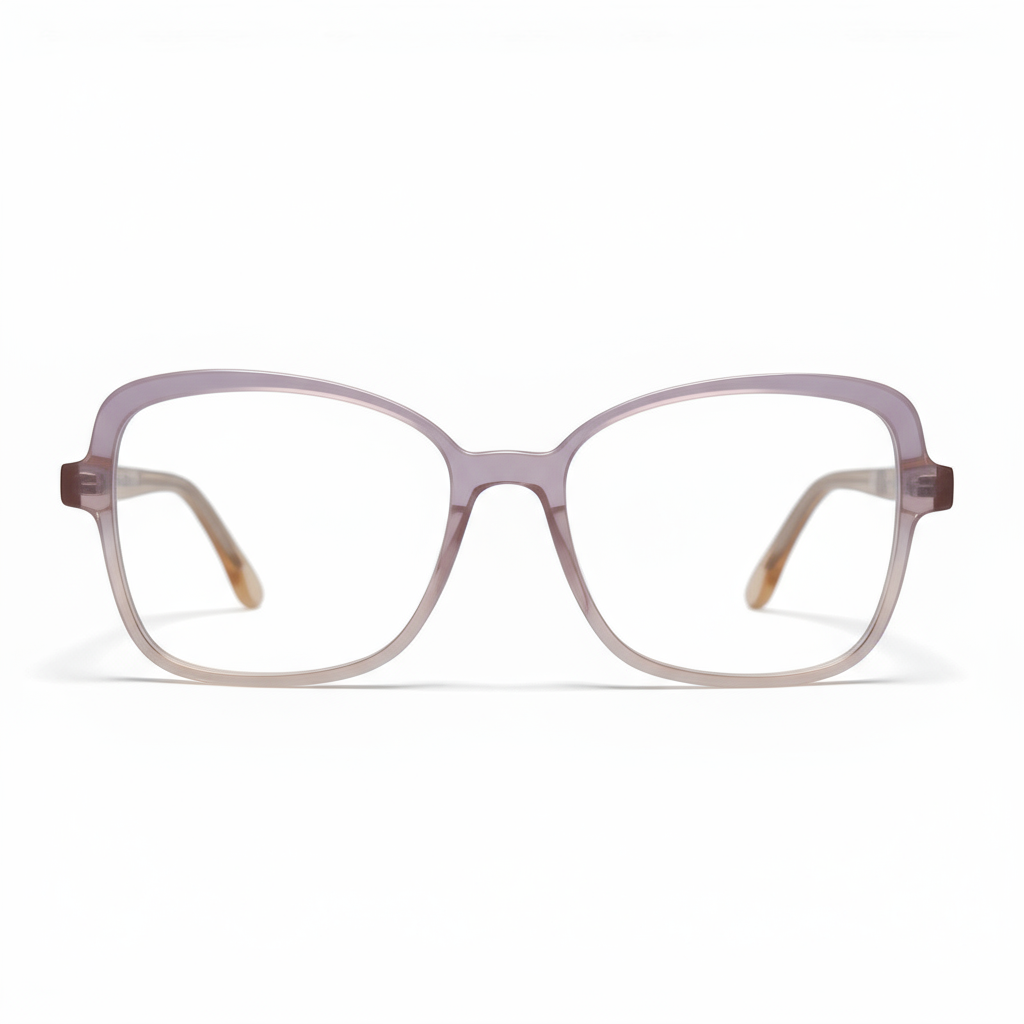 Pair of glasses with a light purple frame on a white background