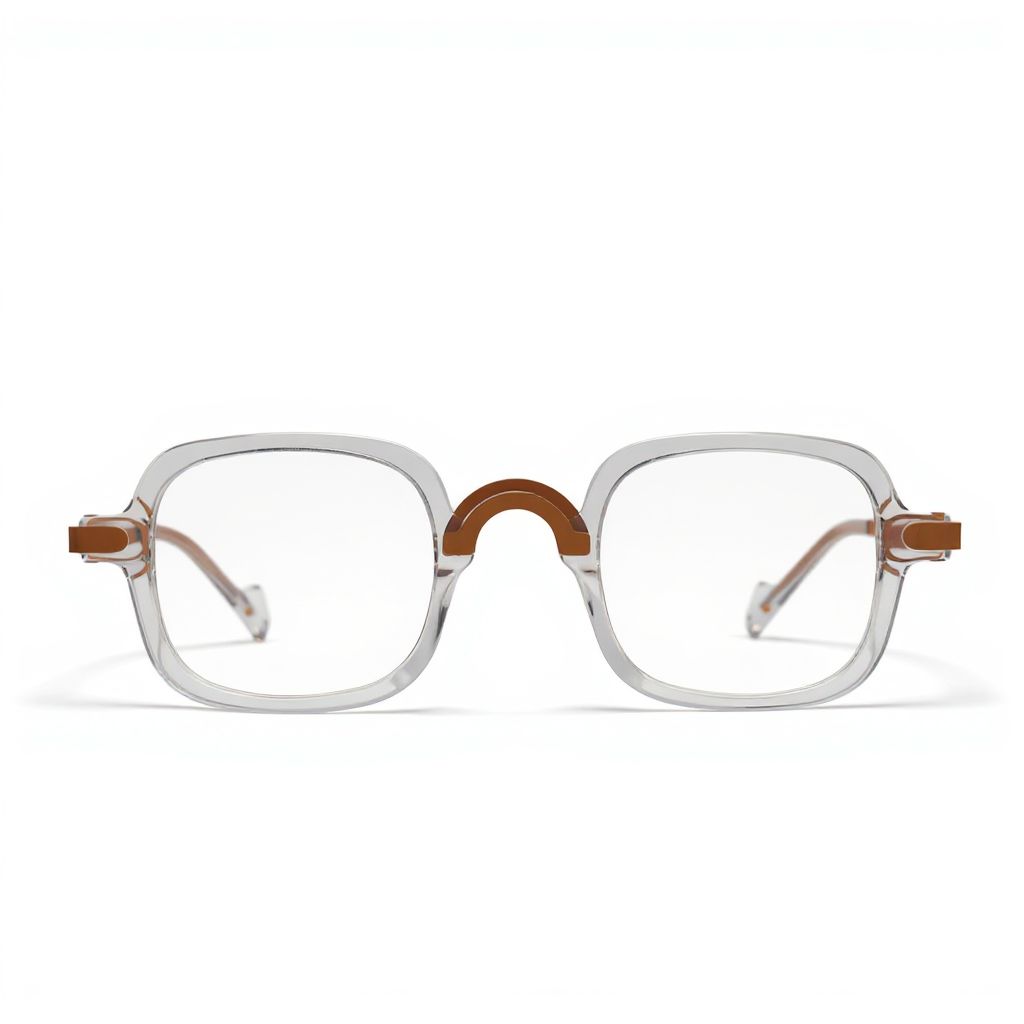 Eyeglasses with a clear frame and brown accents on a white background