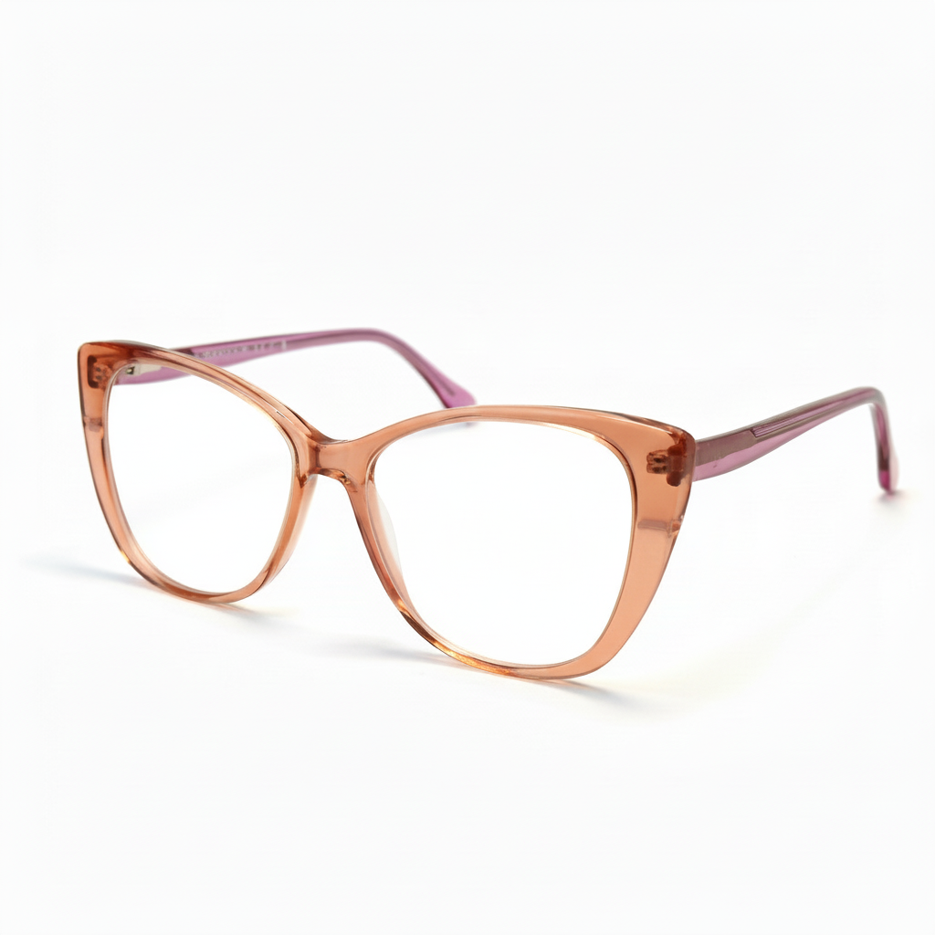 Cat-eye glasses with a rose gold frame on a white background