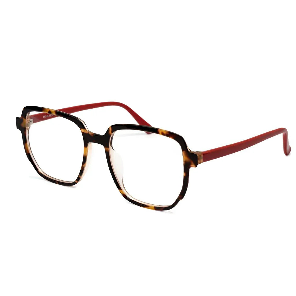 Eyeglasses with a tortoiseshell frame and red arms on a white background