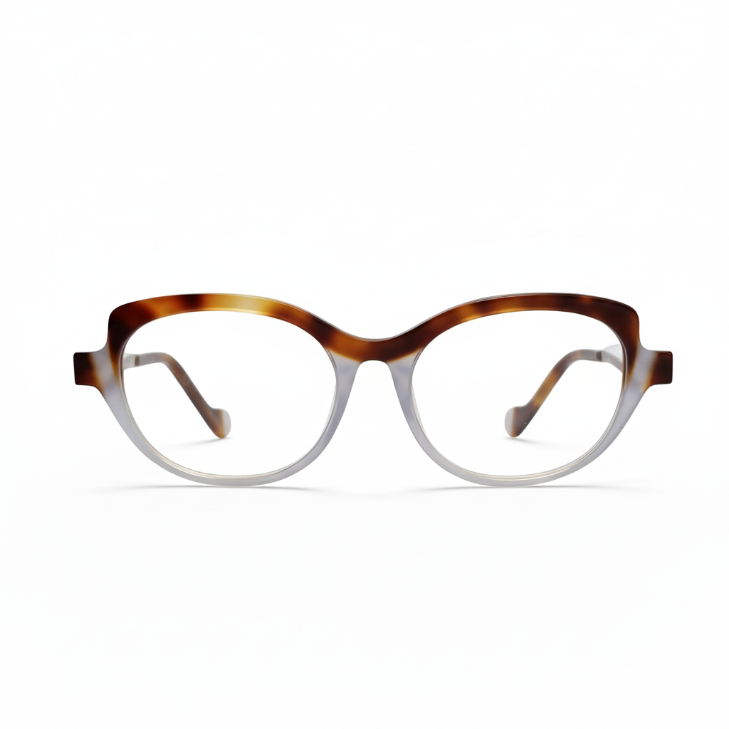 Eyeglasses with tortoiseshell frame and white arms on a white background