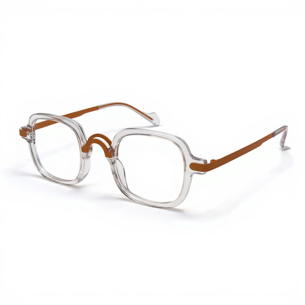Eyeglasses with clear frame and brown accents on a white background