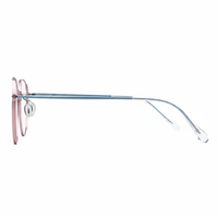 Eyeglasses with pink and blue frame on a white background