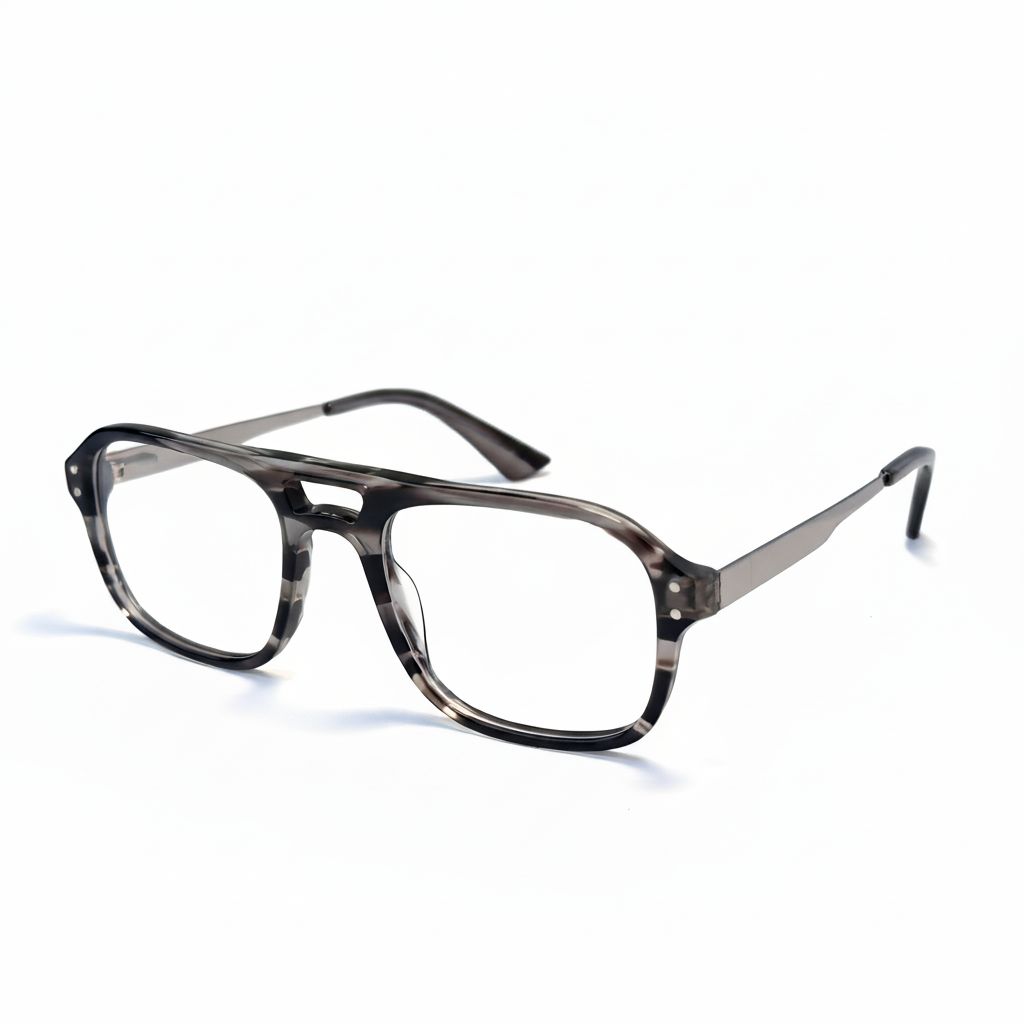 Pair of eyeglasses with a tortoiseshell pattern on a white background