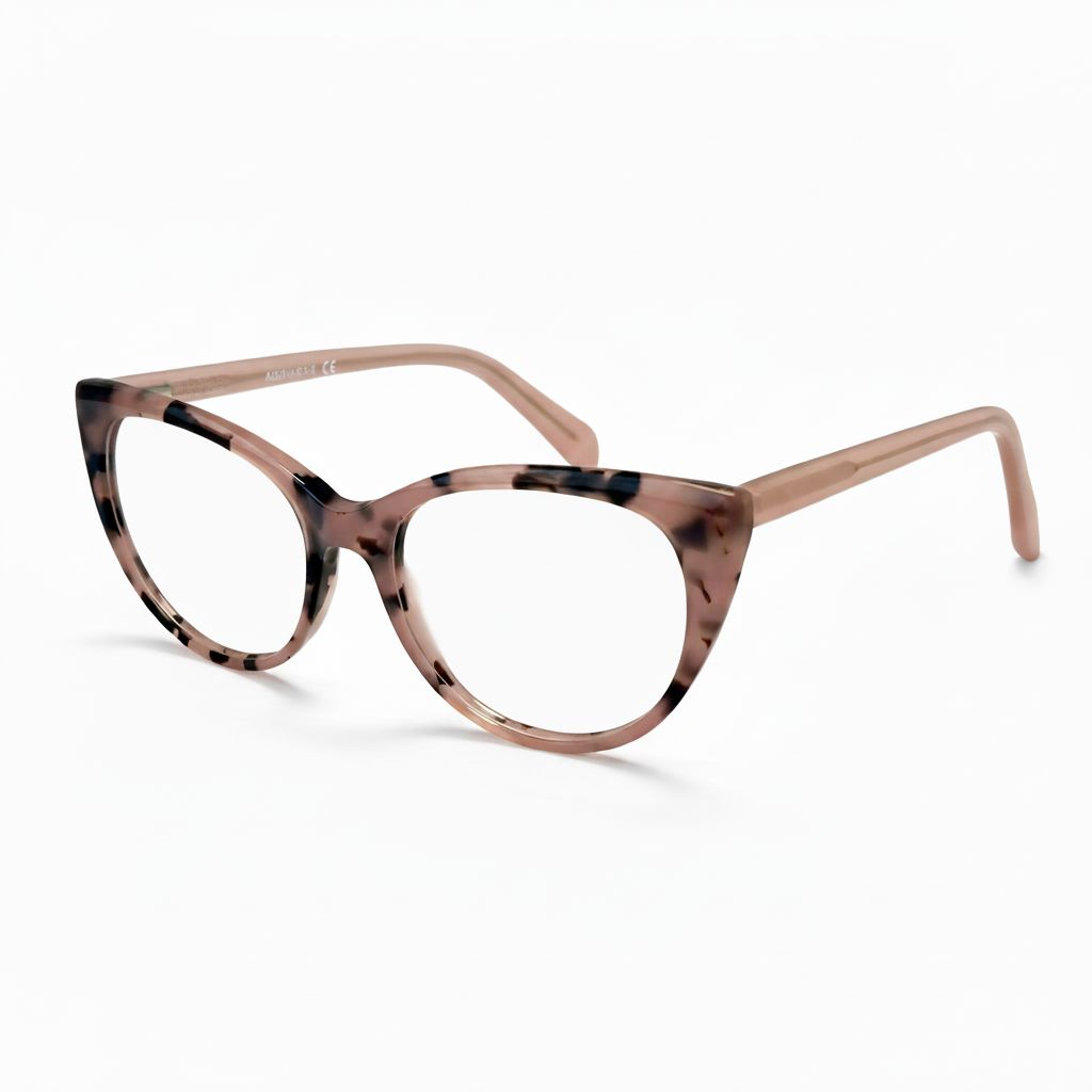 Cat-eye glasses with a tortoiseshell pattern on a white background