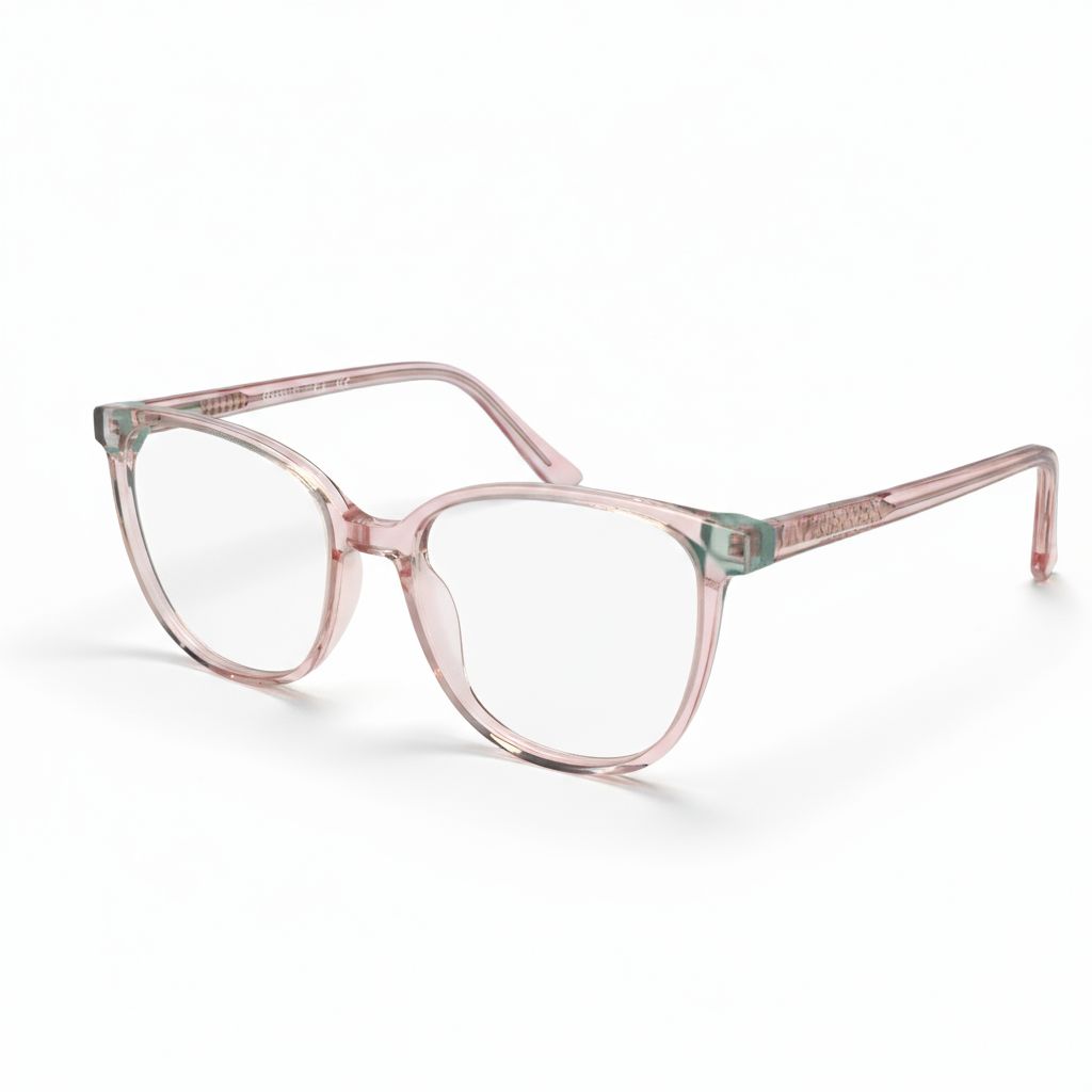 Pink eyeglasses with a subtle pattern on a white background