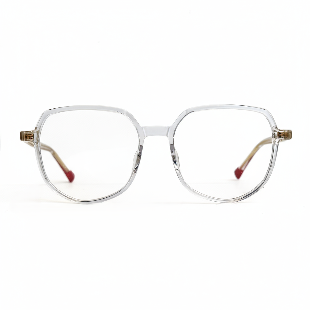 Clear eyeglasses with gold accents on a white background