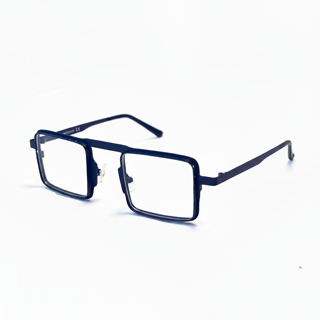 Navy blue eyeglasses on a white background