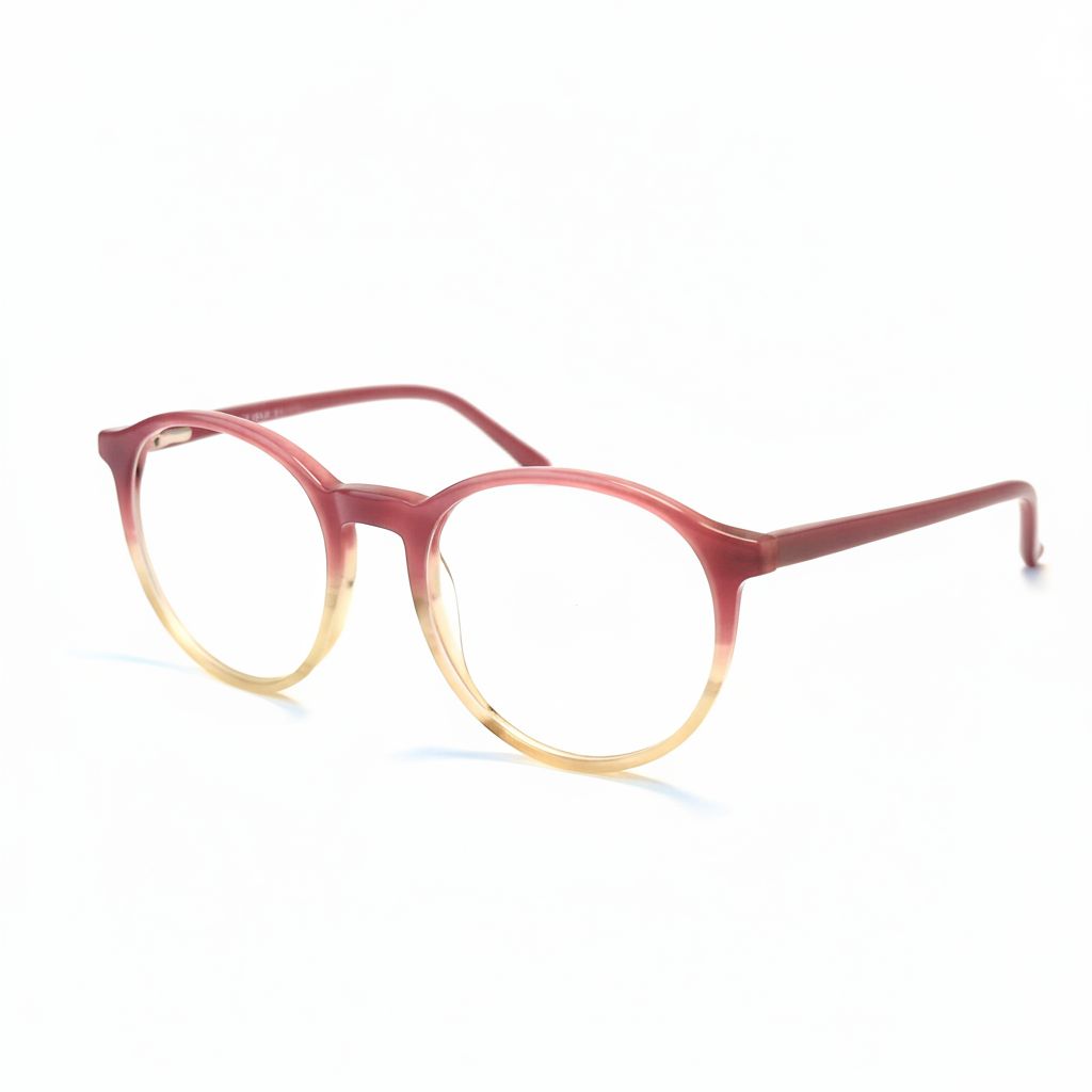 Round eyeglasses with a gradient red to gold frame on a white background