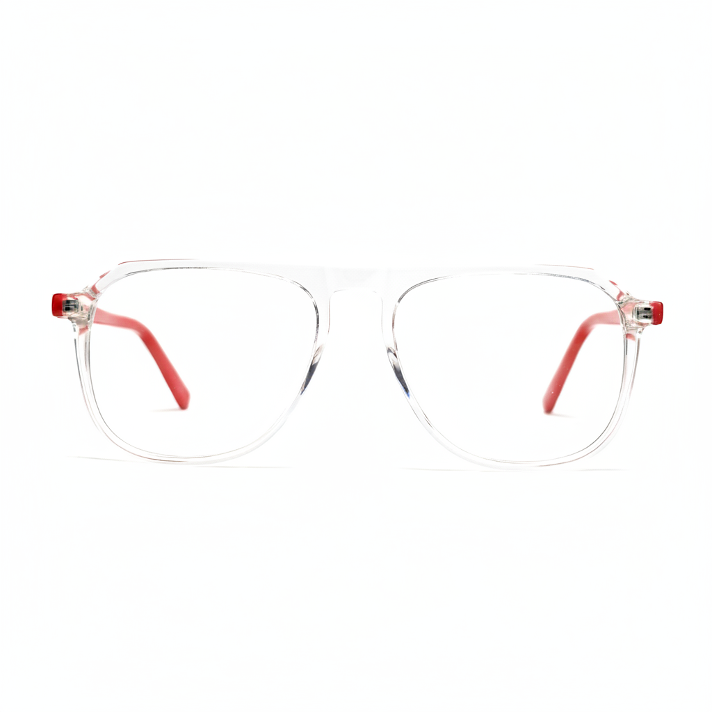 Clear eyeglasses with red accents on a white background