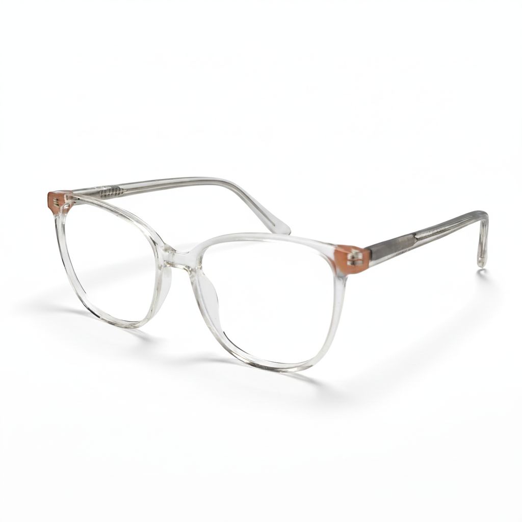Clear eyeglasses with brown accents on a white background