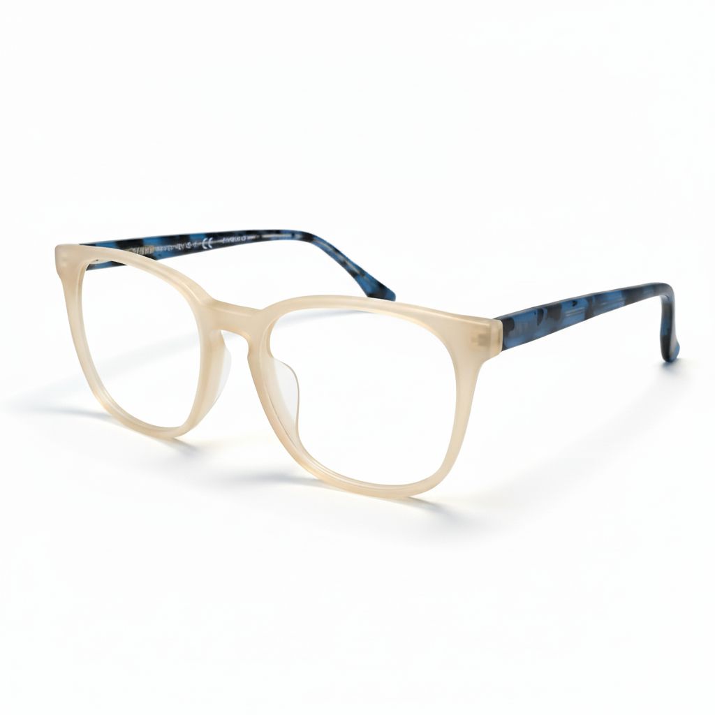 Beige eyeglasses with blue accents on a white background