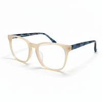 Beige eyeglasses with blue accents on a white background