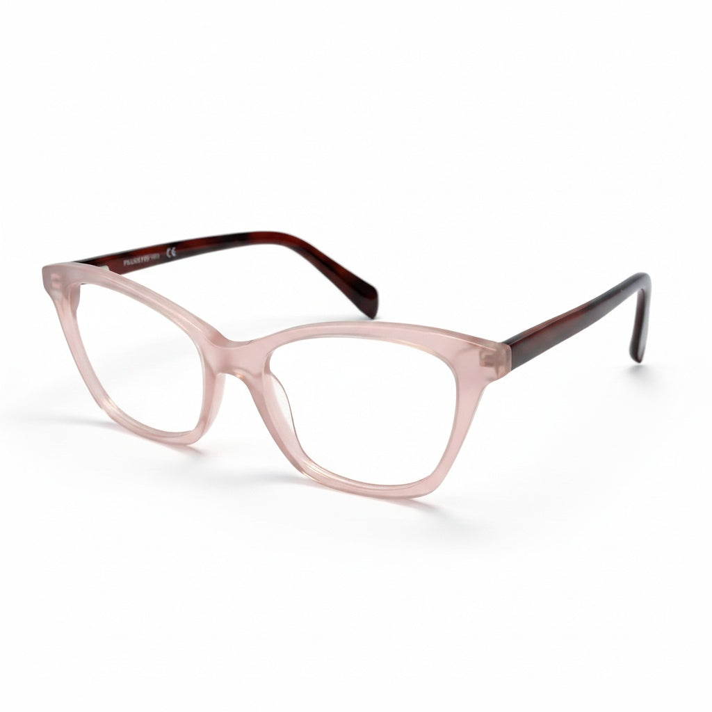 Pink eyeglasses with brown accents on a white background