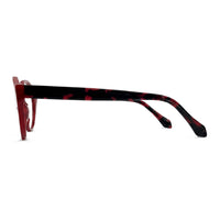 Red and black tortoiseshell eyeglasses on a white background