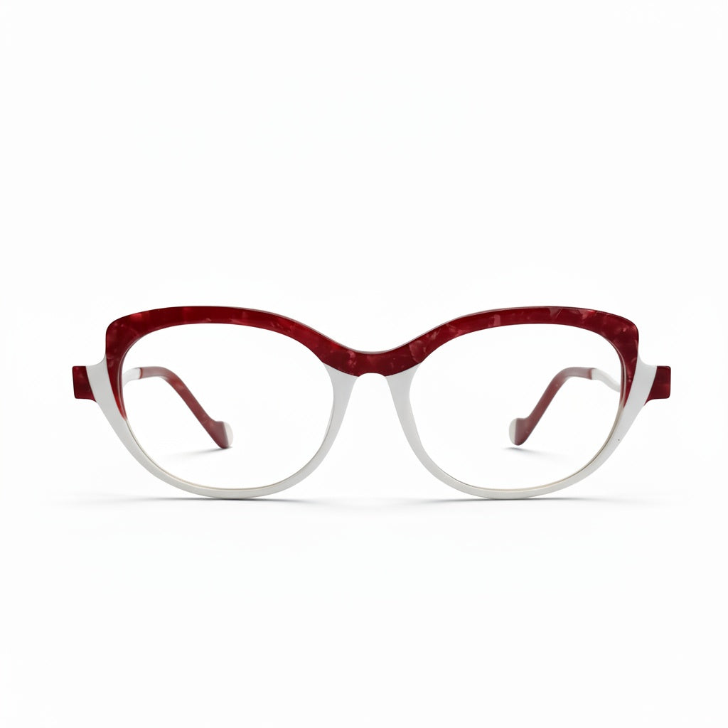 Eyeglasses with red and white frame on a white background