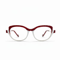 Eyeglasses with red and white frame on a white background