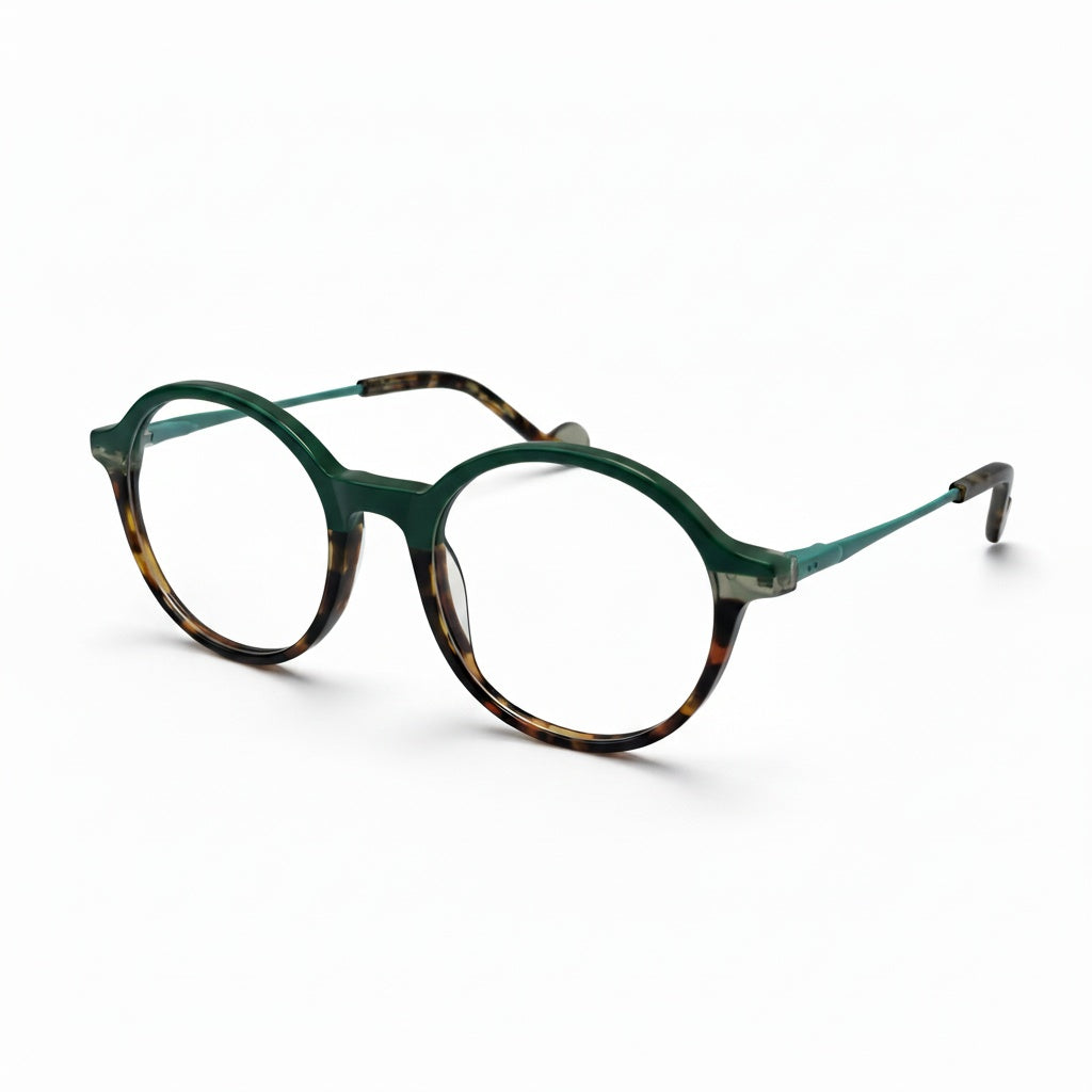 Round eyeglasses with green and tortoiseshell frame on a white background