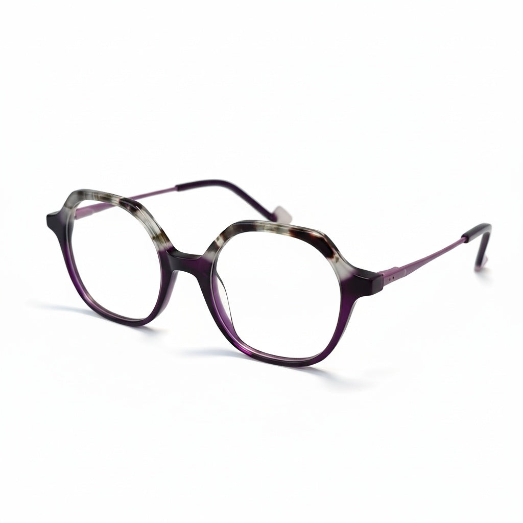 Round eyeglasses with purple and tortoiseshell frame on a white background