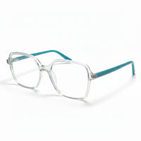 Clear eyeglasses with turquoise arms on a white background