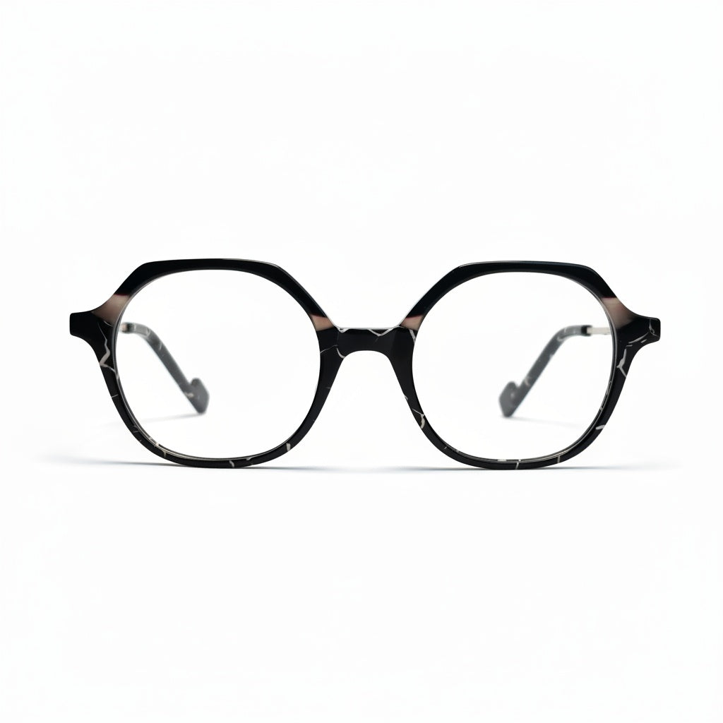 Round eyeglasses with a black and tortoiseshell pattern on a white background