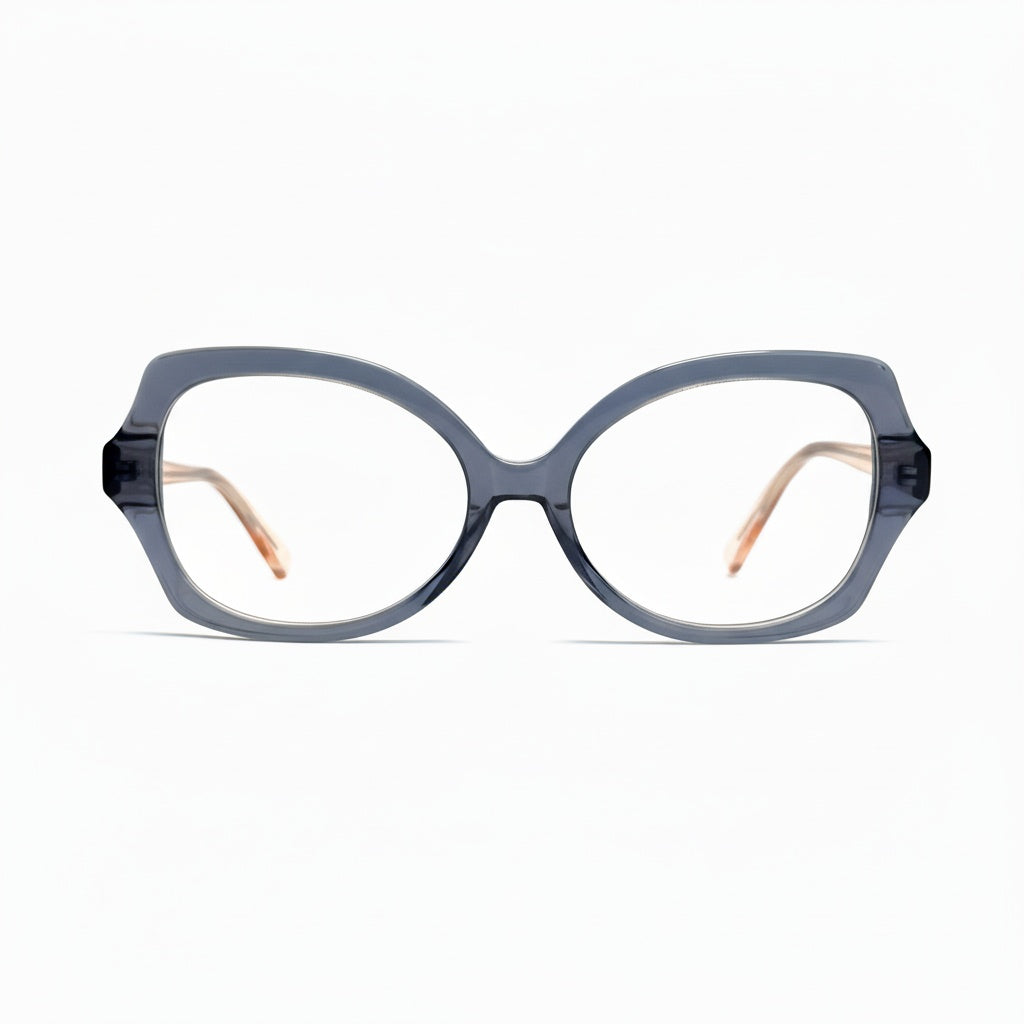 Gray eyeglasses with black frames on a white background