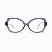 Gray eyeglasses with black frames on a white background